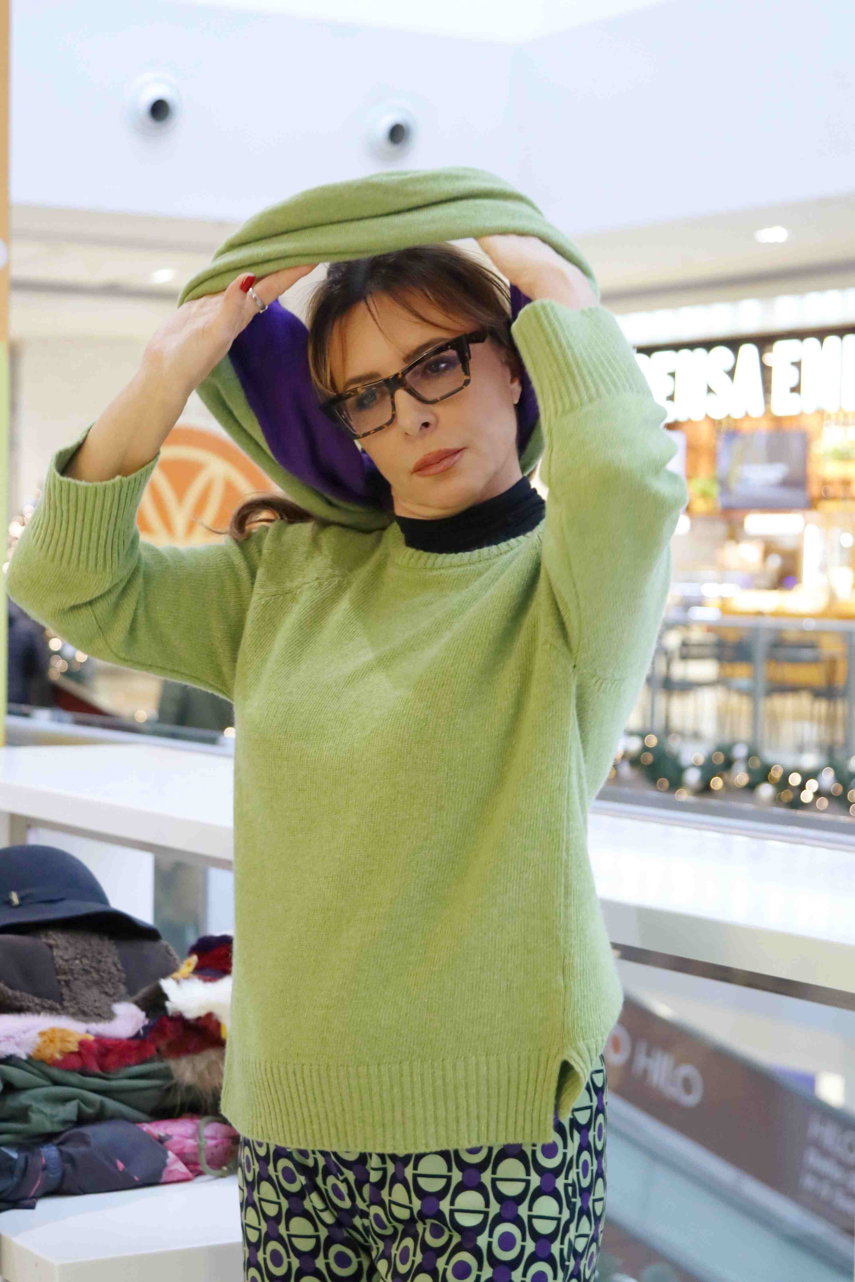 Collo scaldacollo tubolare tricolore lana e cashmere pistacchio viola e blu