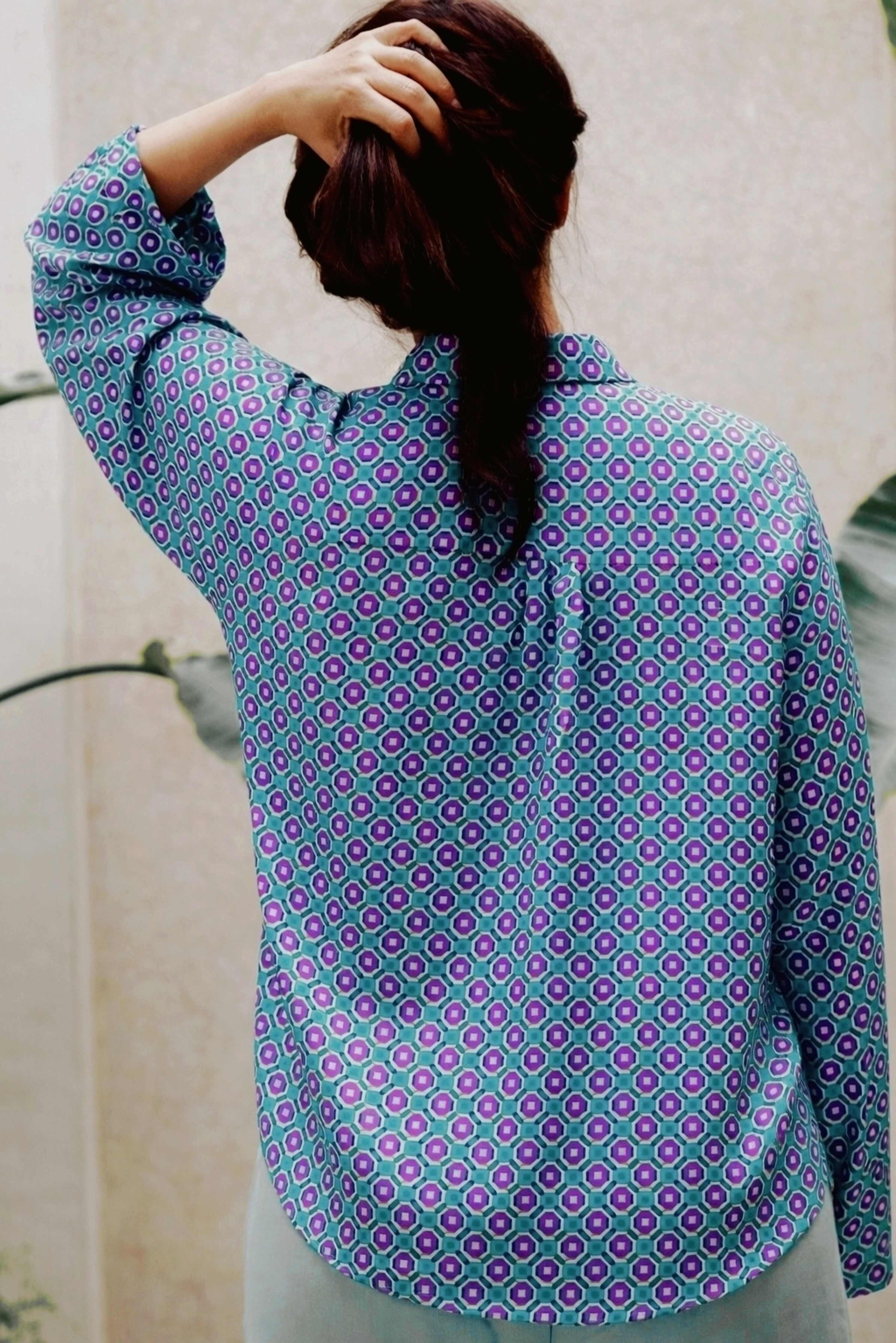 Camicia Mini Geometrie  in Seta lilla e verde menta