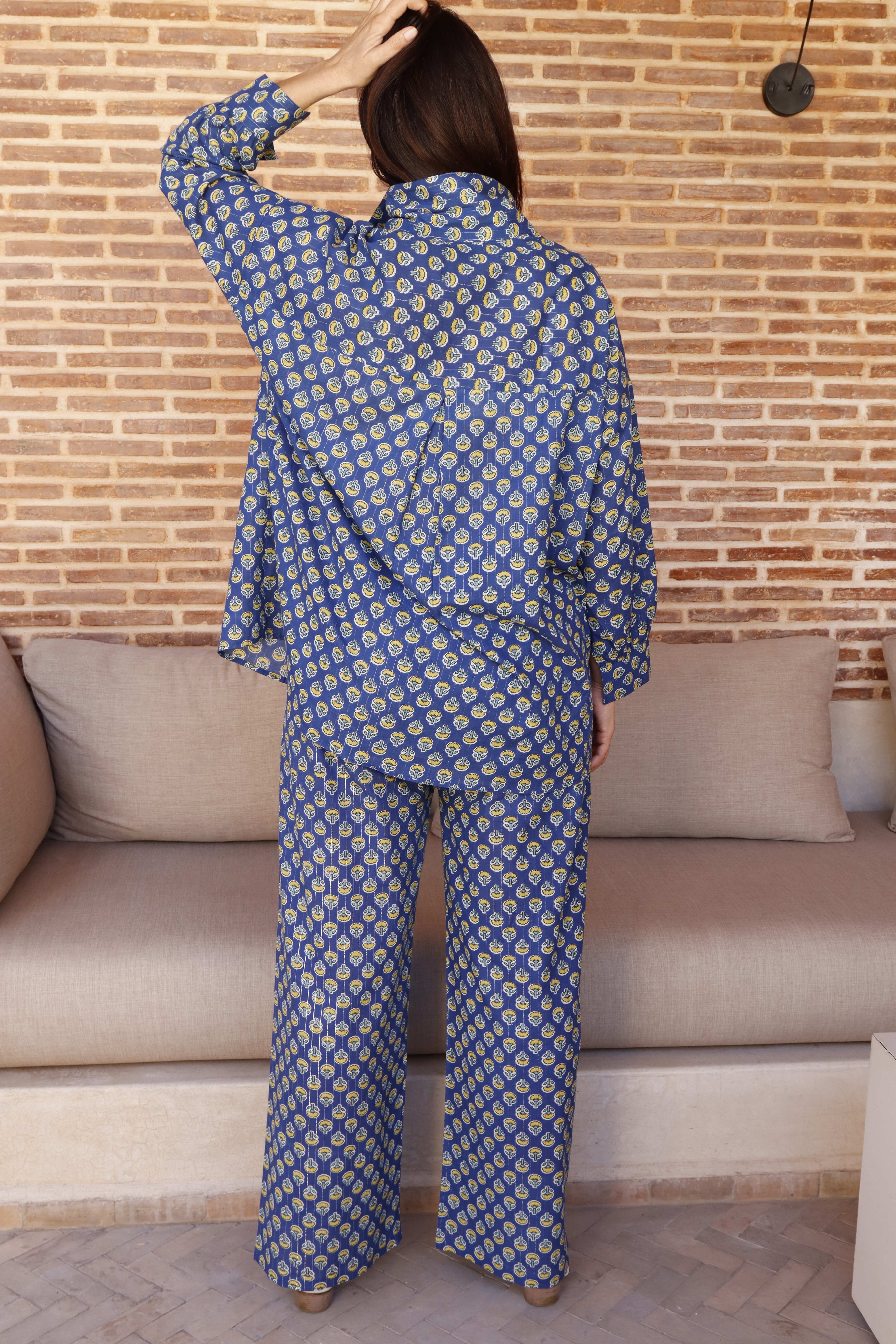 Pantalone Paje gamba palazzo cotone floreale blu polvere
