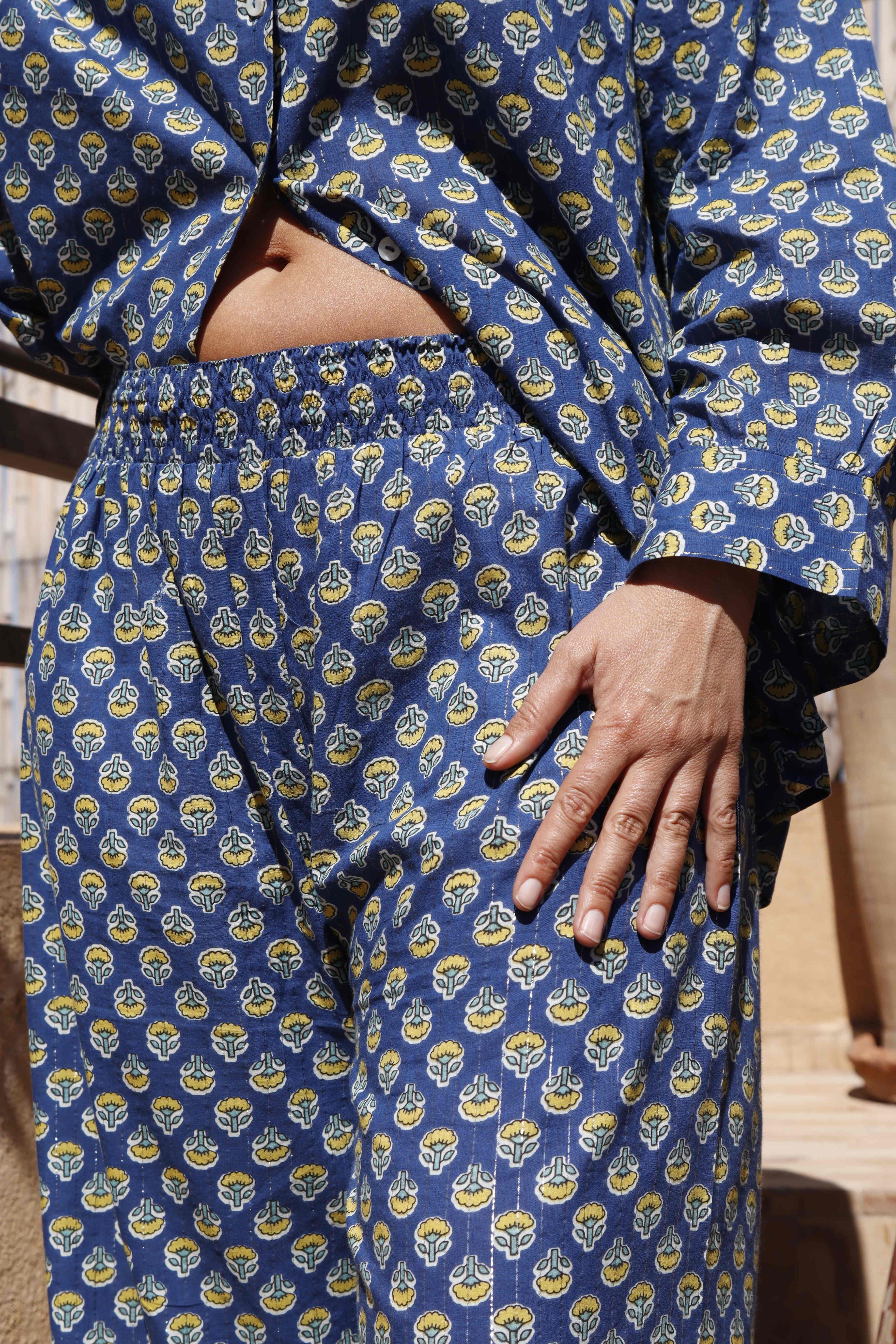 Pantalone Paje gamba palazzo cotone floreale blu polvere