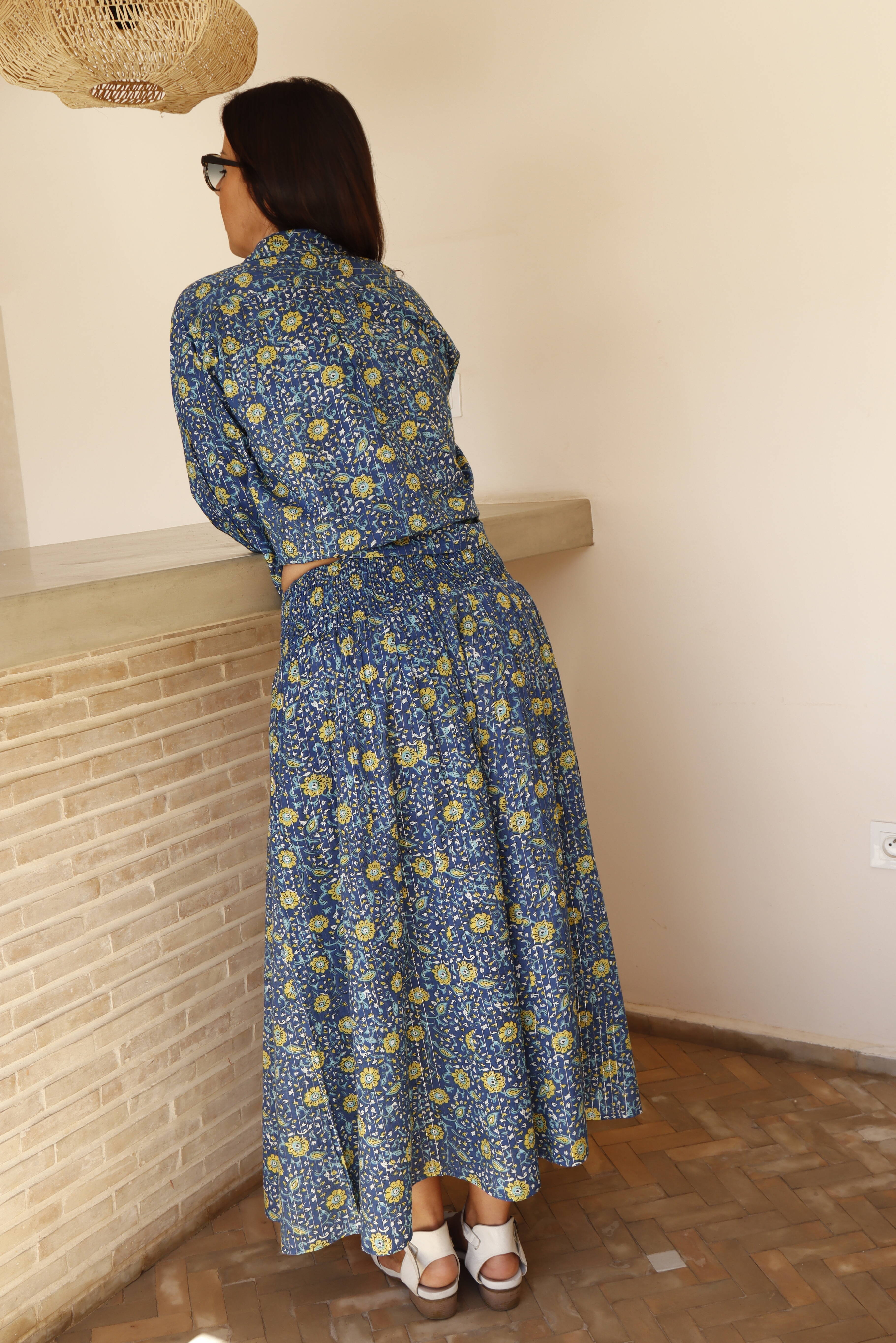 Gonna Jambiani lunga cotone  colore blu polvere e giallo fantasia fiorata