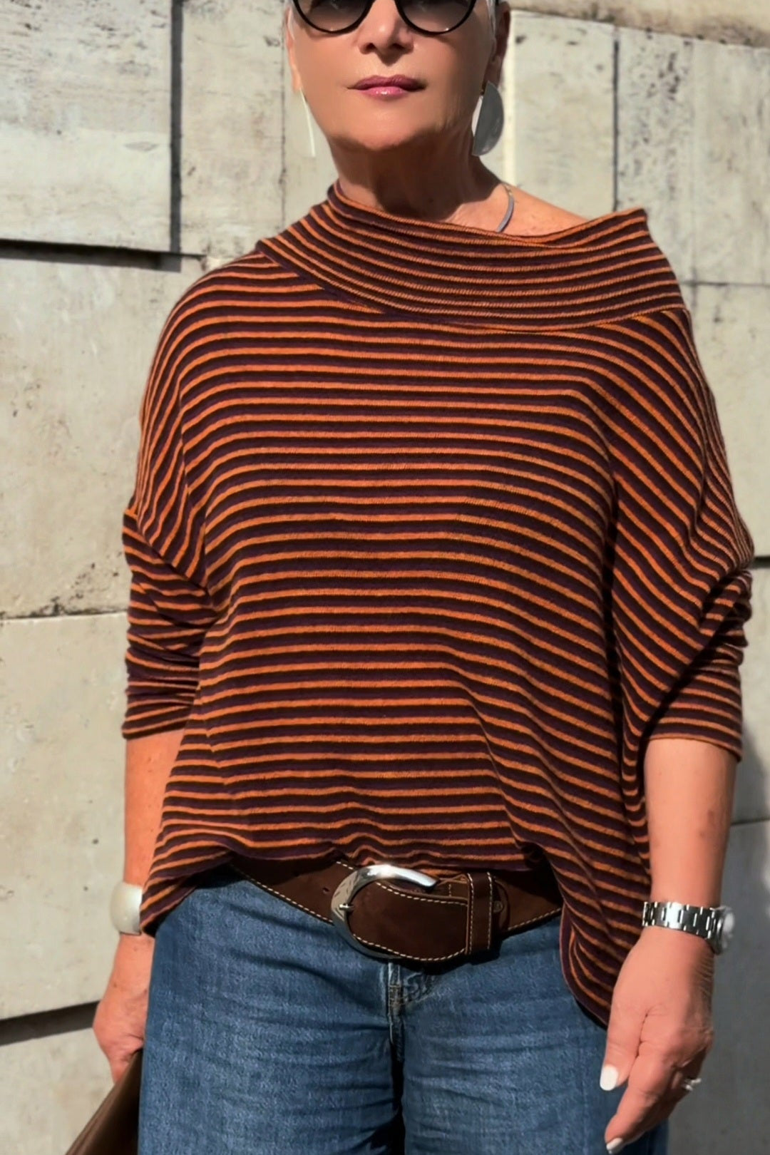 MAGLIONE NIVES RIGHE VIOLA MARRONE ARANCIO (Lana rasata)