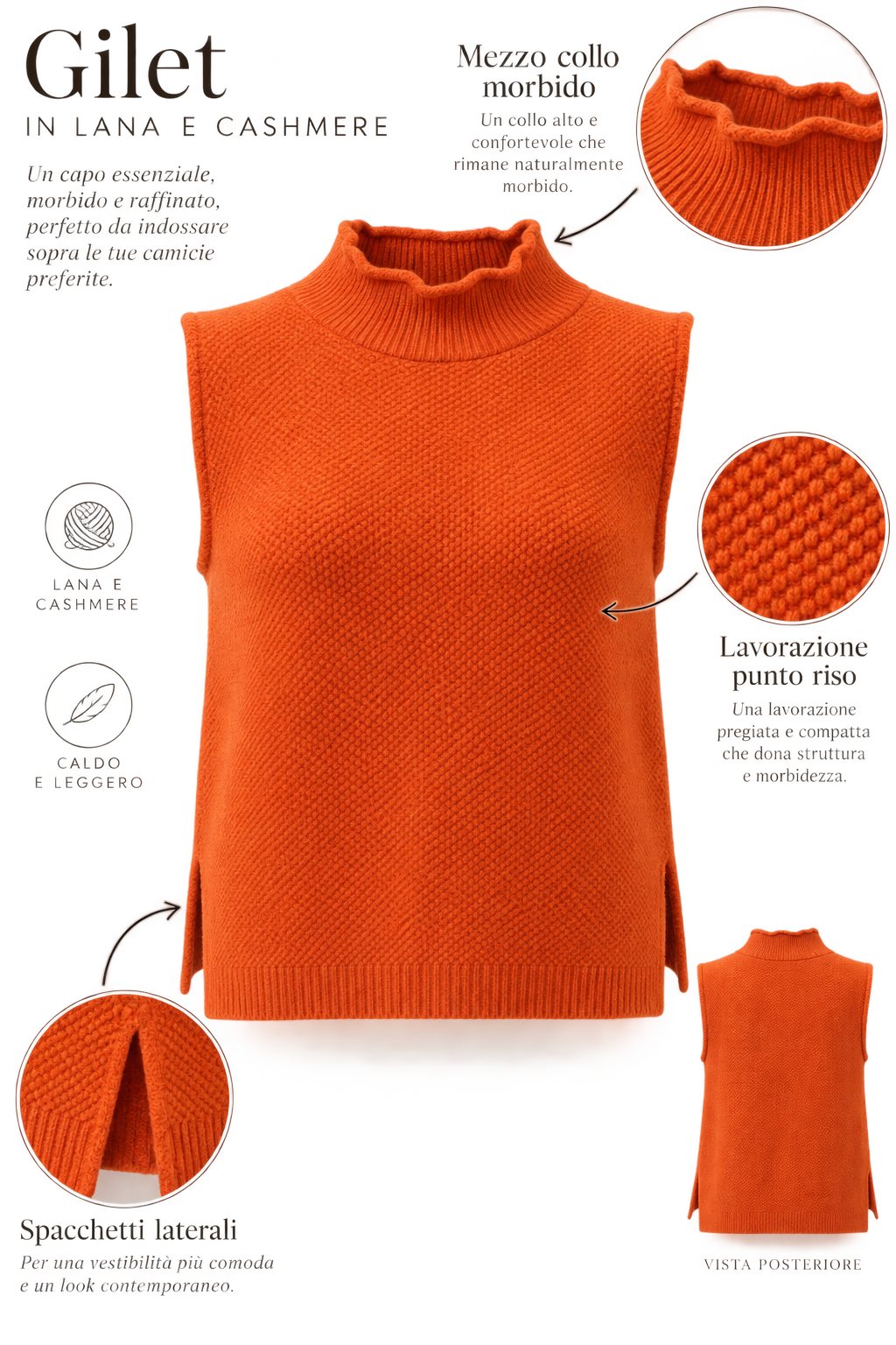 Gilet Vulcano arancio donna in lana merinos e cashmere Tessimete – dettaglio del capo