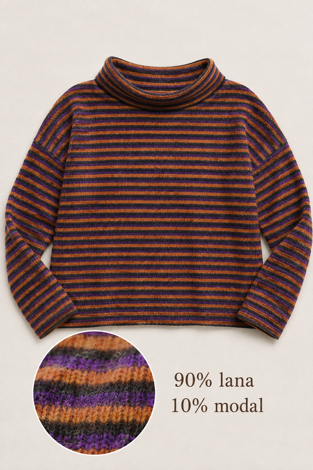 Maglione Nives a righe viola marrone arancio donna in lana Tessimete – abbinamento outfit