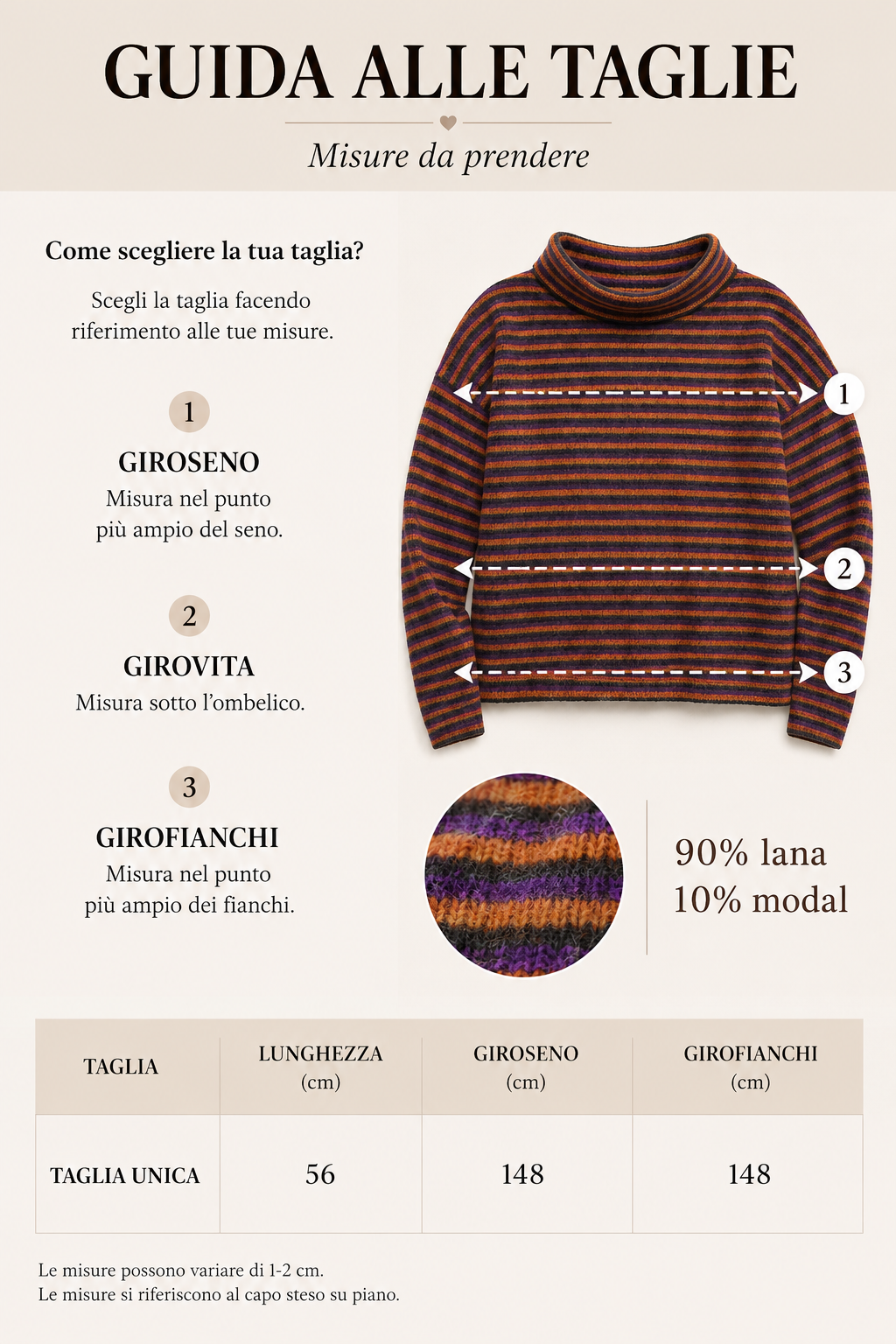 Maglione Nives a righe viola marrone arancio donna in lana Tessimete – vestibilità del modello
