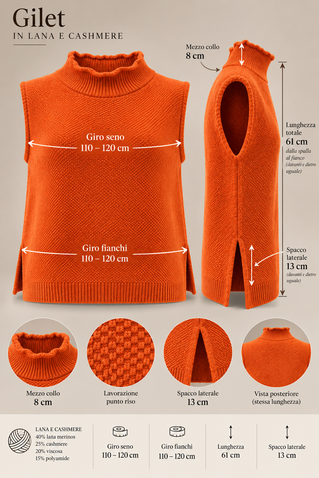 Gilet Vulcano arancio donna in lana merinos e cashmere Tessimete – look donna