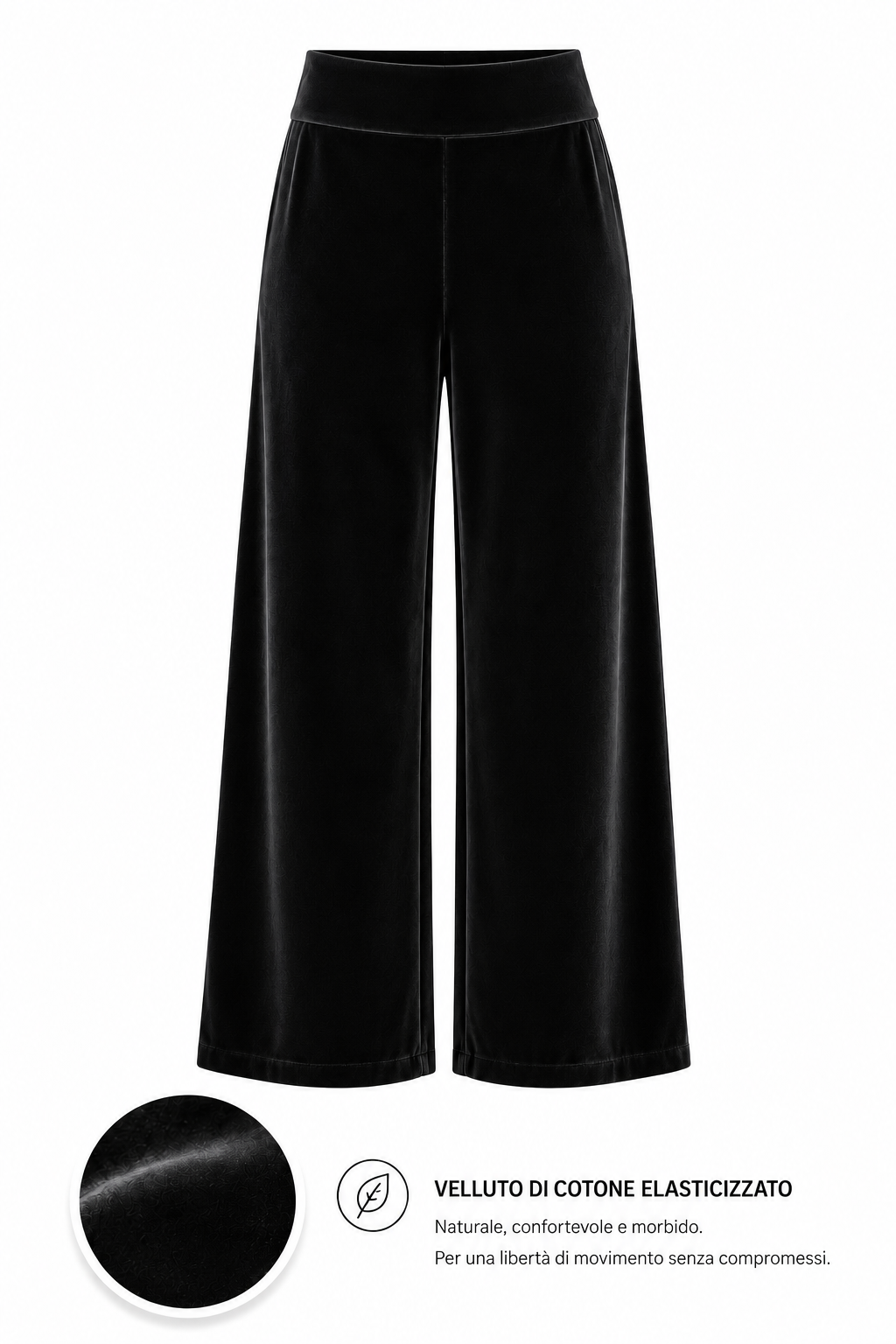 Pantalone Velluto Nero donna a palazzo in velluto di cotone Tessimete – dettaglio del capo