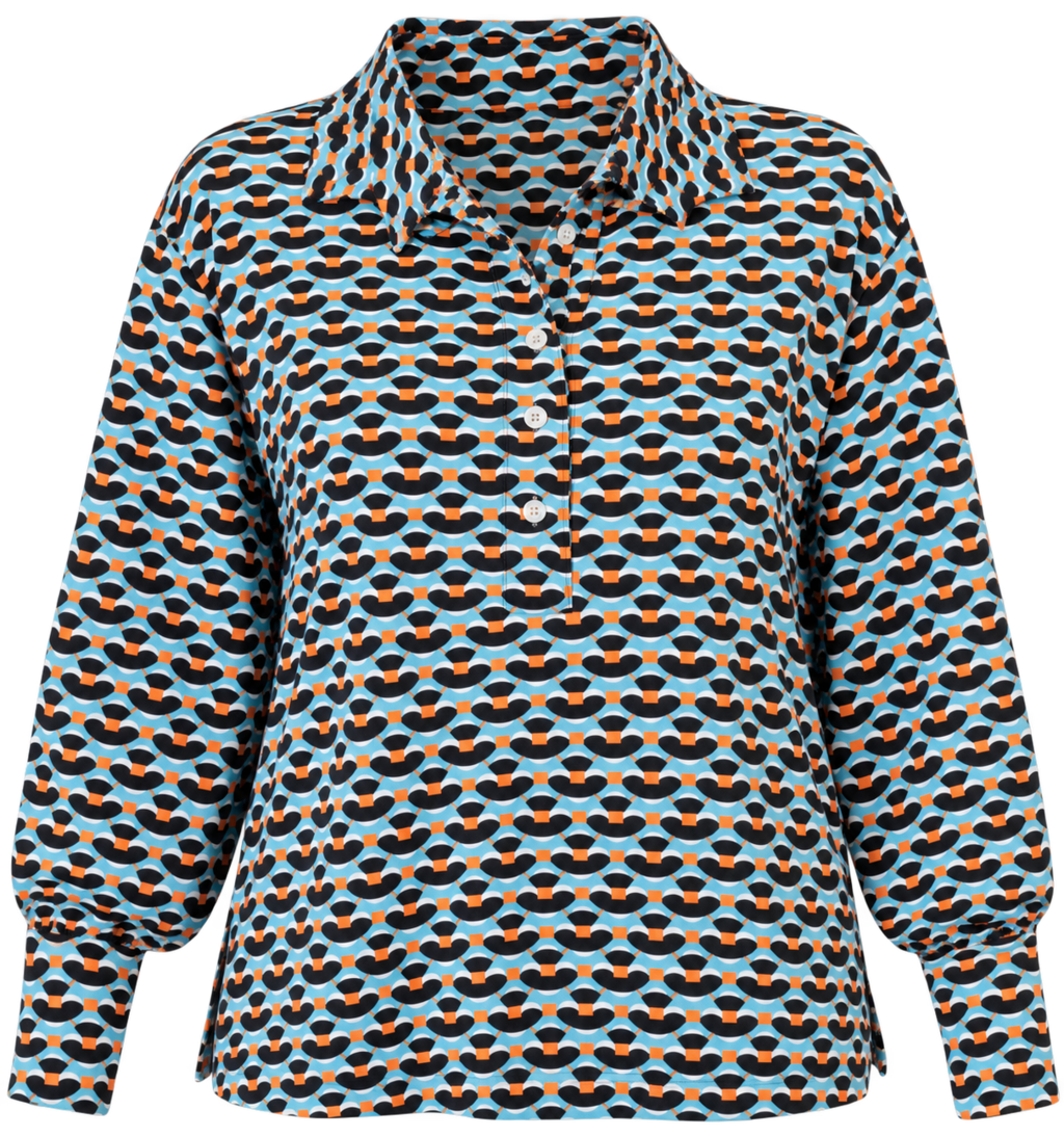 Camicia Ponza fantasia turchese donna in jersey di viscosa Tessimete – look donna