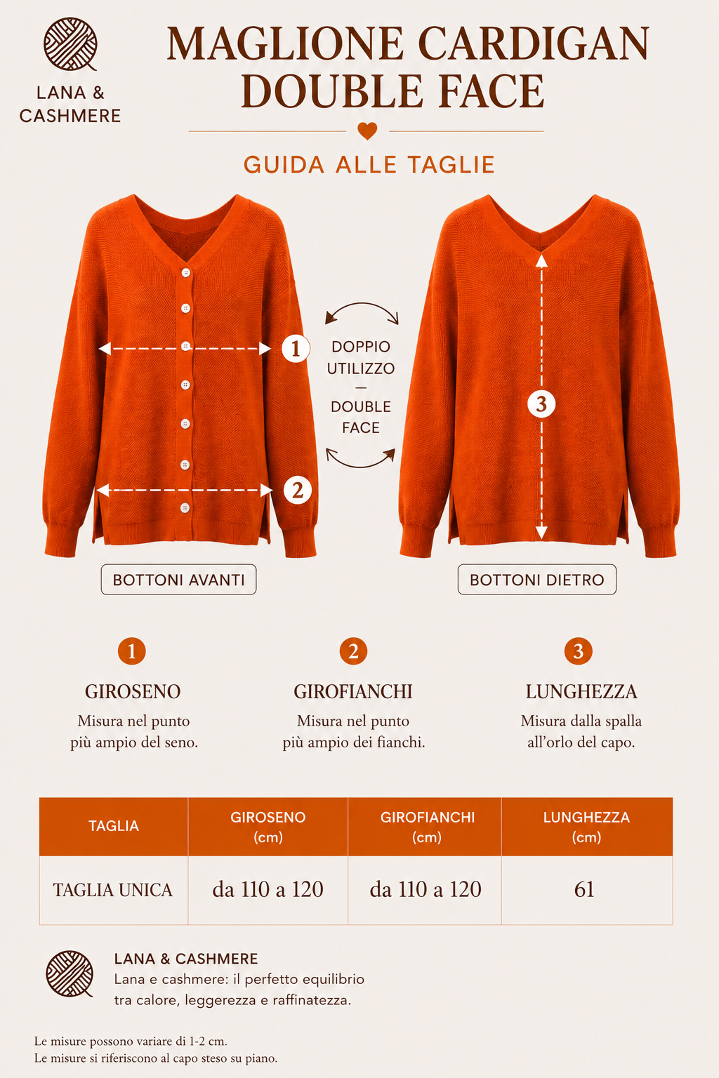 Cardigan Due Modi arancio donna in lana e cashmere Tessimete – vestibilità del modello