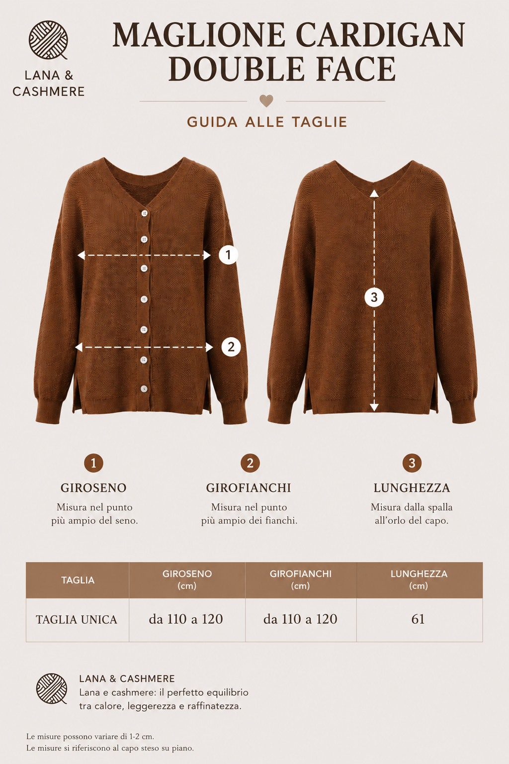 Cardigan Due Modi tabacco donna in lana e cashmere Tessimete – vestibilità del modello