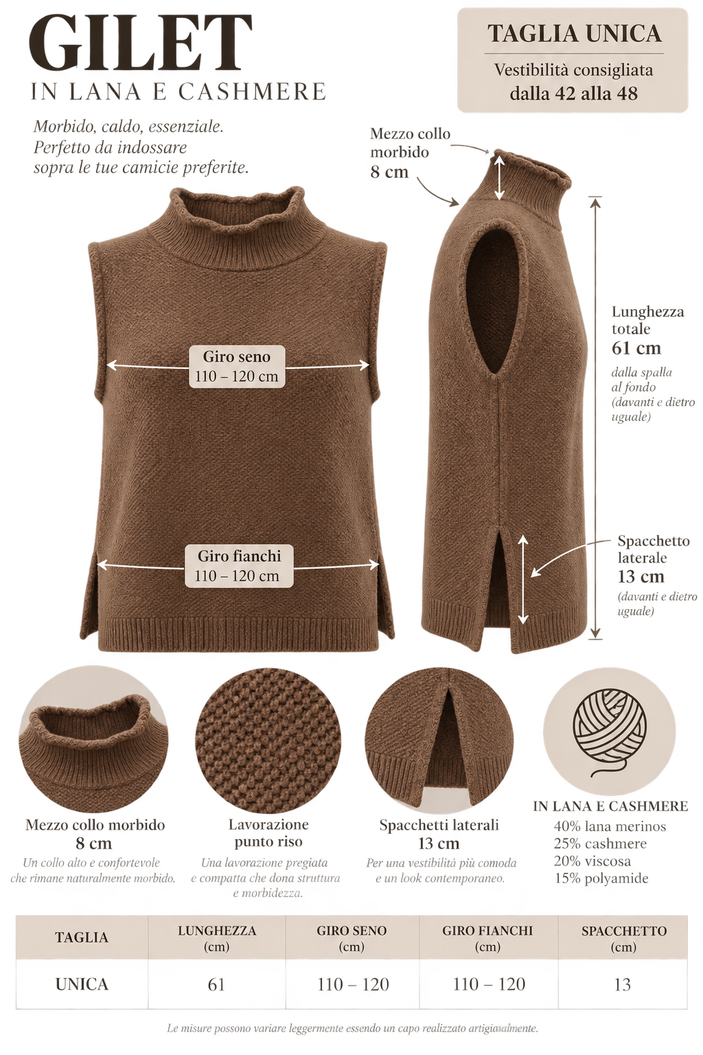 Gilet Vulcano tabacco donna in lana merinos e cashmere Tessimete – dettaglio del capo