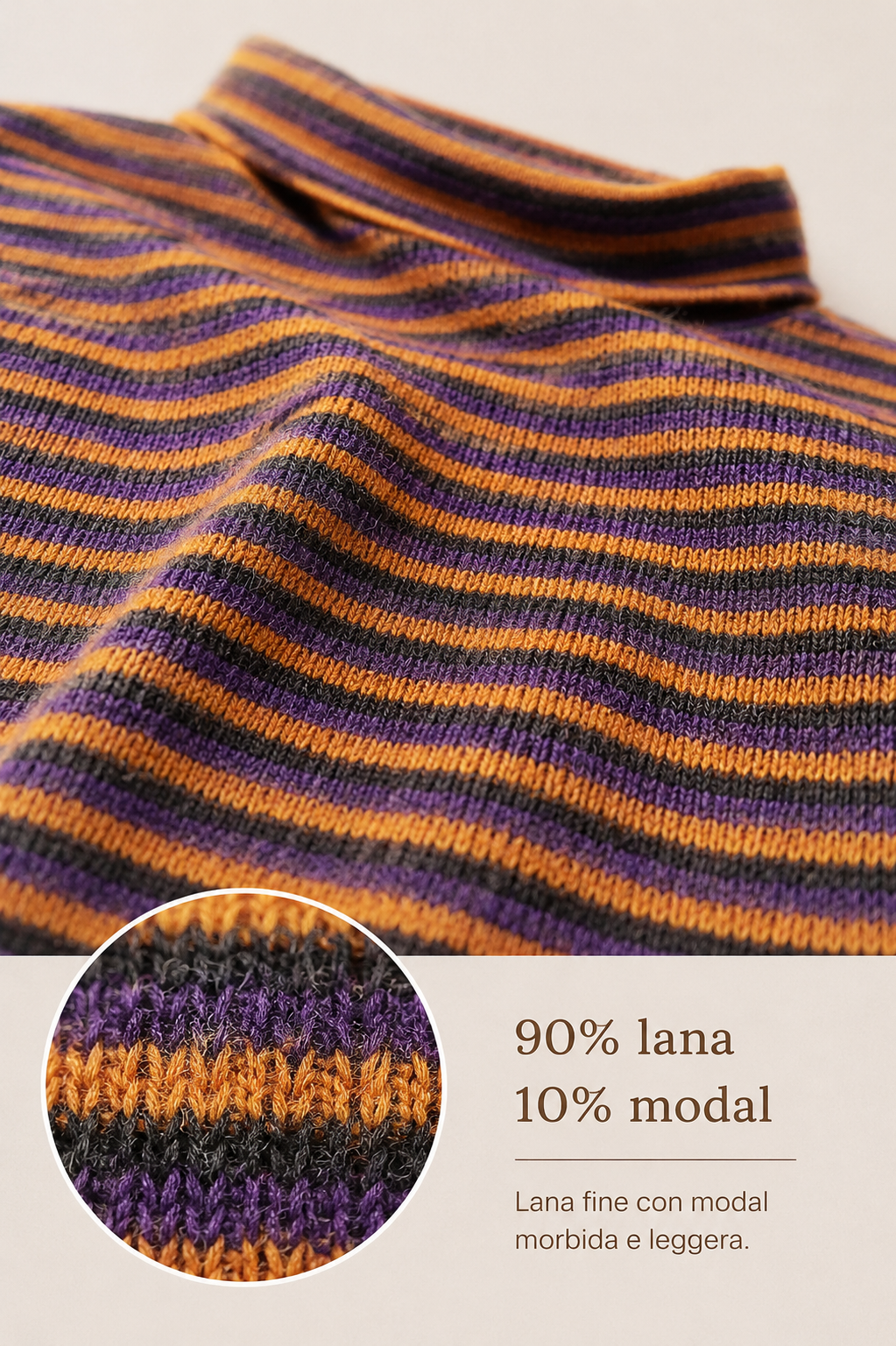 Maglione Nives a righe viola marrone arancio donna in lana Tessimete – linea e vestibilità