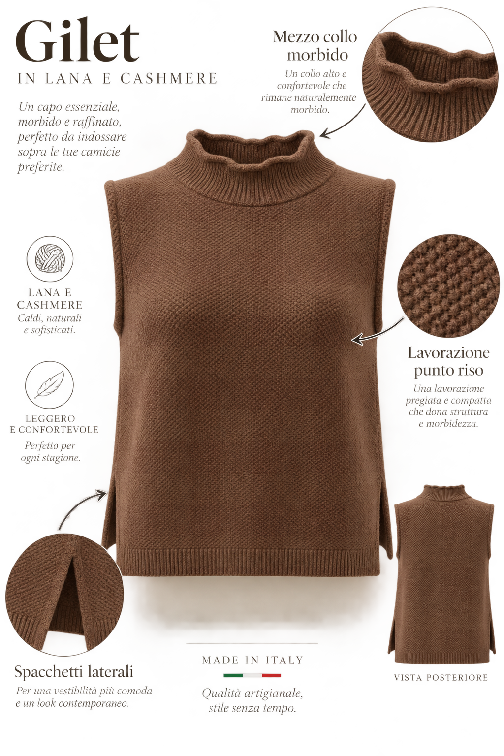 Gilet Vulcano tabacco donna in lana merinos e cashmere Tessimete – look donna